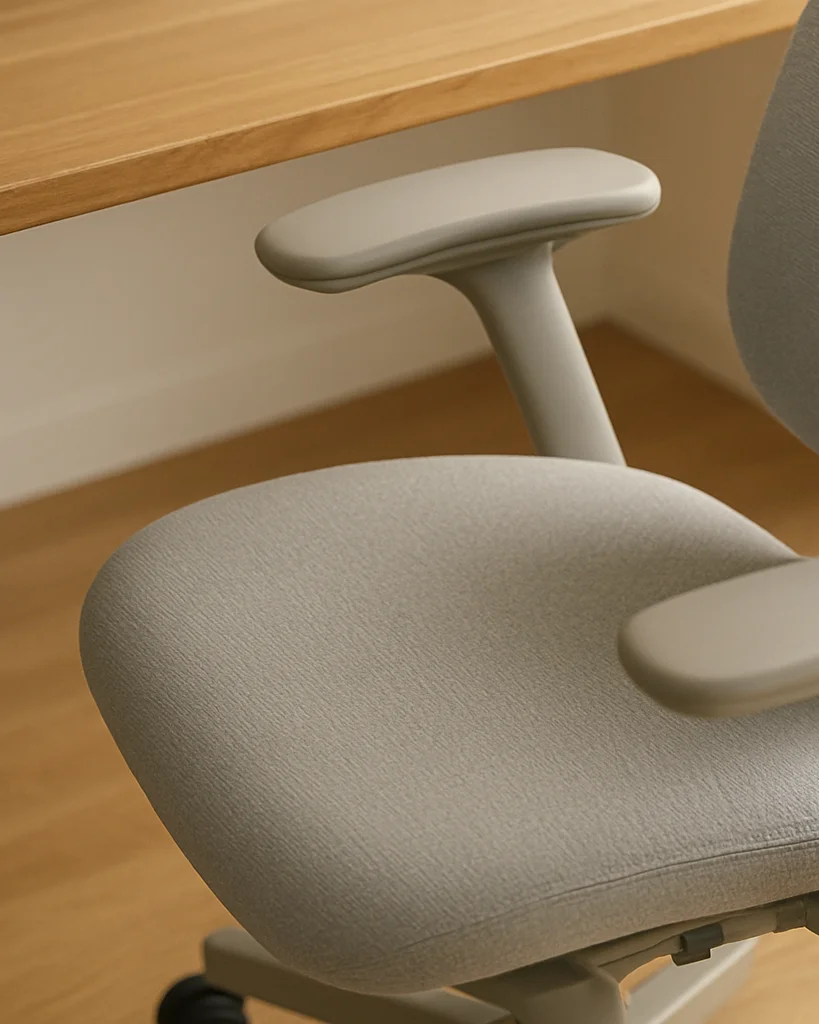 Close editorial product view of an ergonomic office chair and warm timber desk surface, soft natural daylight, neutral t