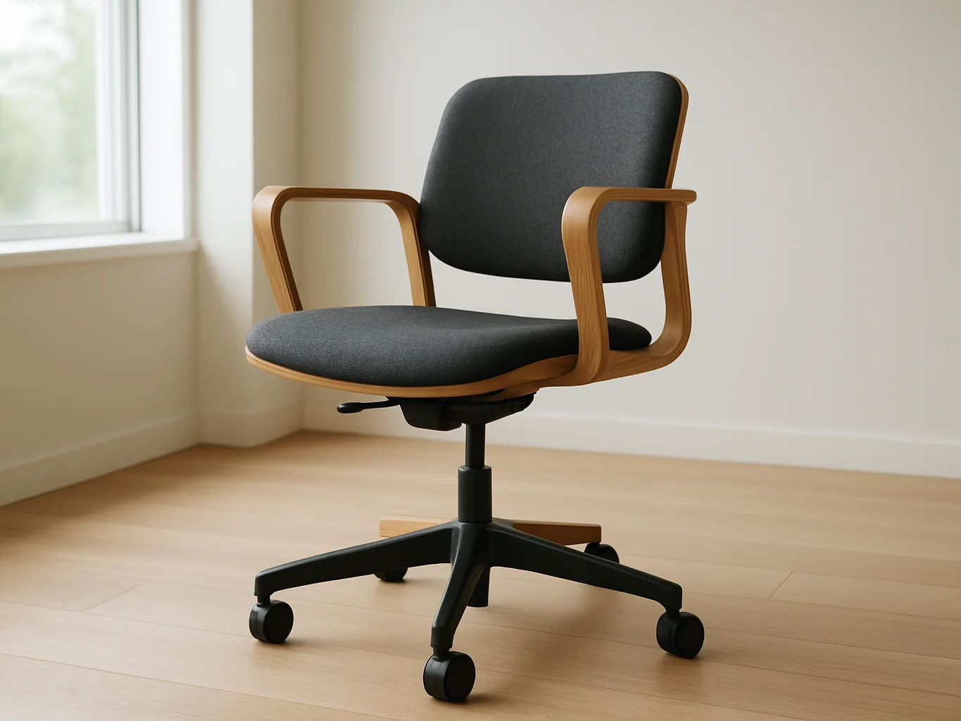 Editorial product photograph of a modern ergonomic office task chair in warm oak and charcoal fabric, soft natural dayli