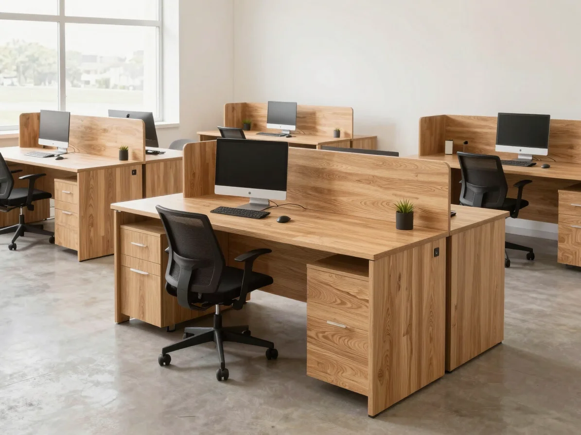 Wide environmental photograph of a group of light oak collaborative workstation desks arranged in an open office layout,