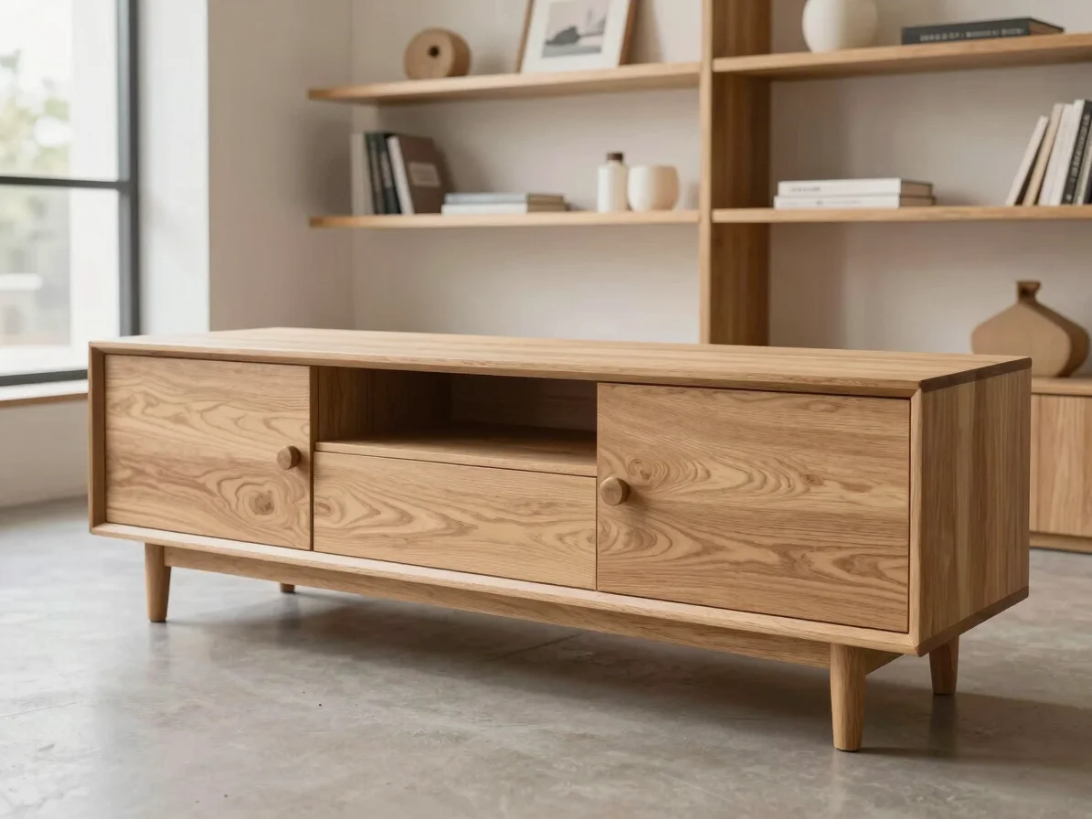 Clean product view of a low timber office credenza with drawers and open shelves in a bright showroom, soft natural dayl