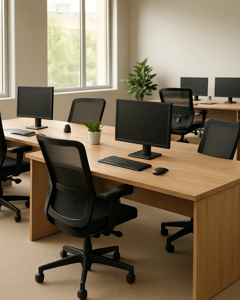 Editorial product photography of a bright Islamabad office showroom floor with oak desks and task chairs arranged in a b