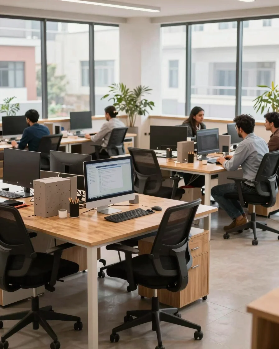 Wide portrait view of believable office workspace groupings in a